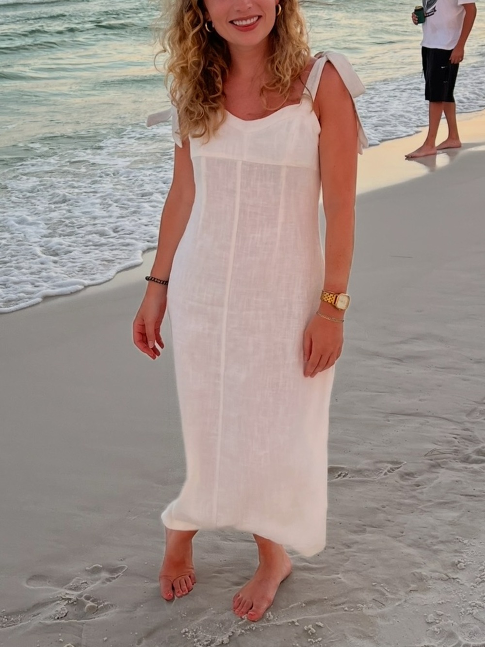 Crescent White Tie-Shoulder Linen Dress